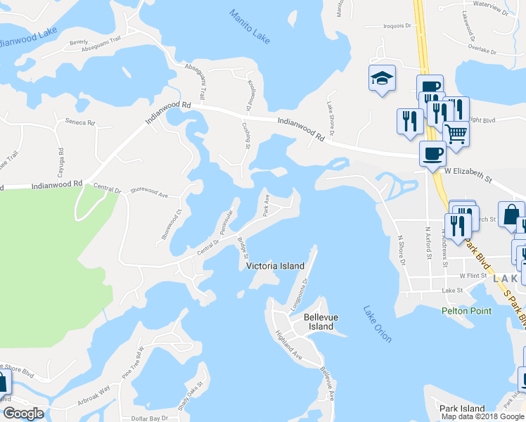 map of restaurants, bars, coffee shops, grocery stores, and more near 317 Park Avenue in Orion charter Township