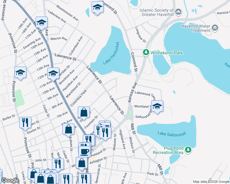 map of restaurants, bars, coffee shops, grocery stores, and more near 120 Fountain Street in Haverhill
