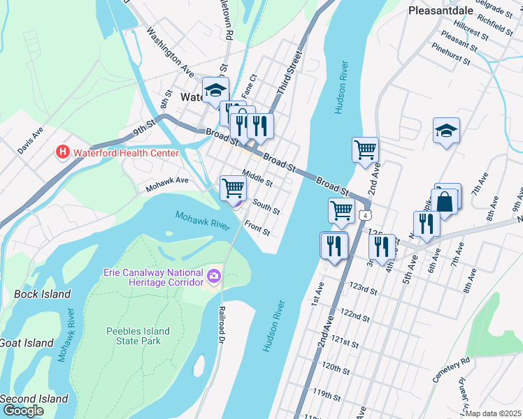 map of restaurants, bars, coffee shops, grocery stores, and more near 9 Second Street in Waterford