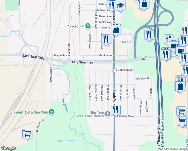 map of restaurants, bars, coffee shops, grocery stores, and more near 3583 Grafton Avenue in Buffalo