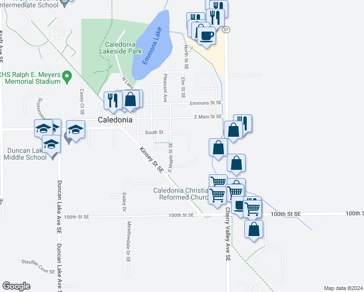 map of restaurants, bars, coffee shops, grocery stores, and more near 161 South Maple Street Southeast in Caledonia