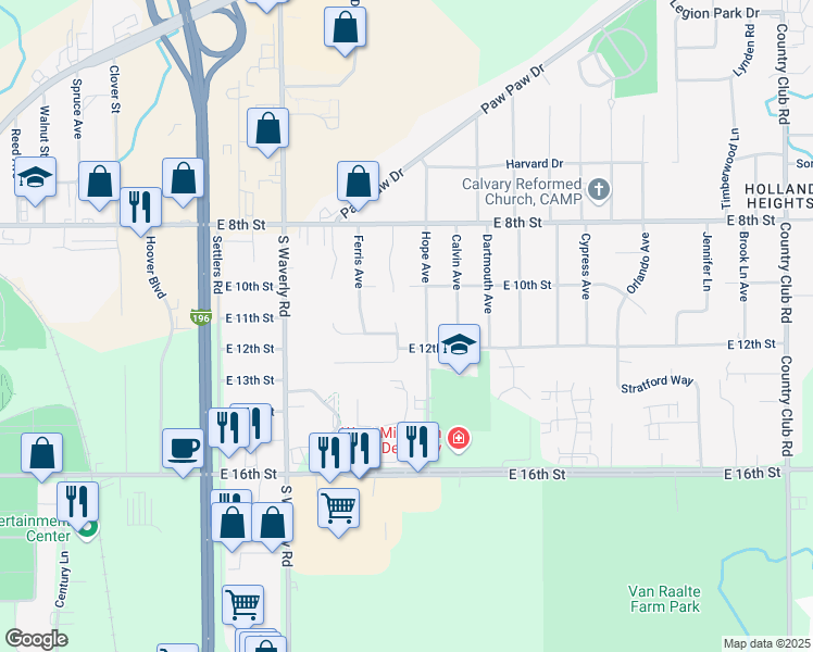 map of restaurants, bars, coffee shops, grocery stores, and more near 271 East Meadow Court in Holland