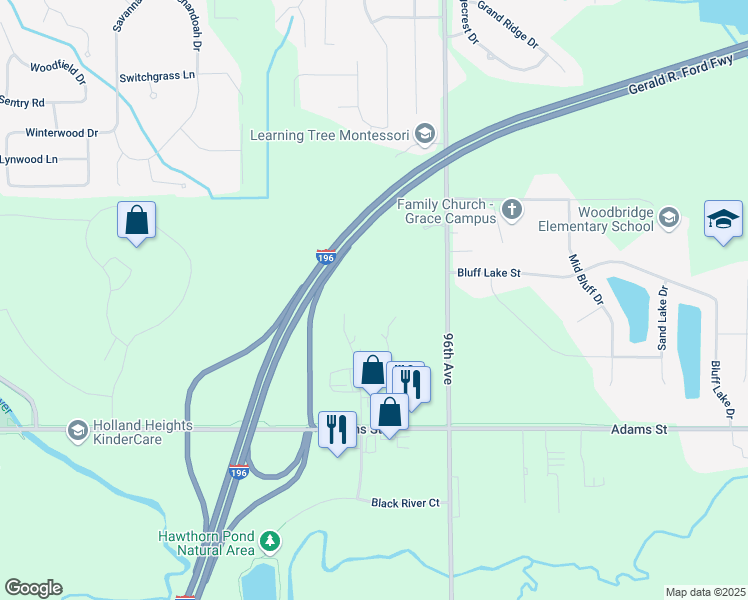 map of restaurants, bars, coffee shops, grocery stores, and more near 1012 North Black river Drive in Zeeland