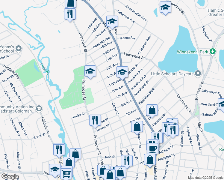 map of restaurants, bars, coffee shops, grocery stores, and more near 31 10th Avenue in Haverhill