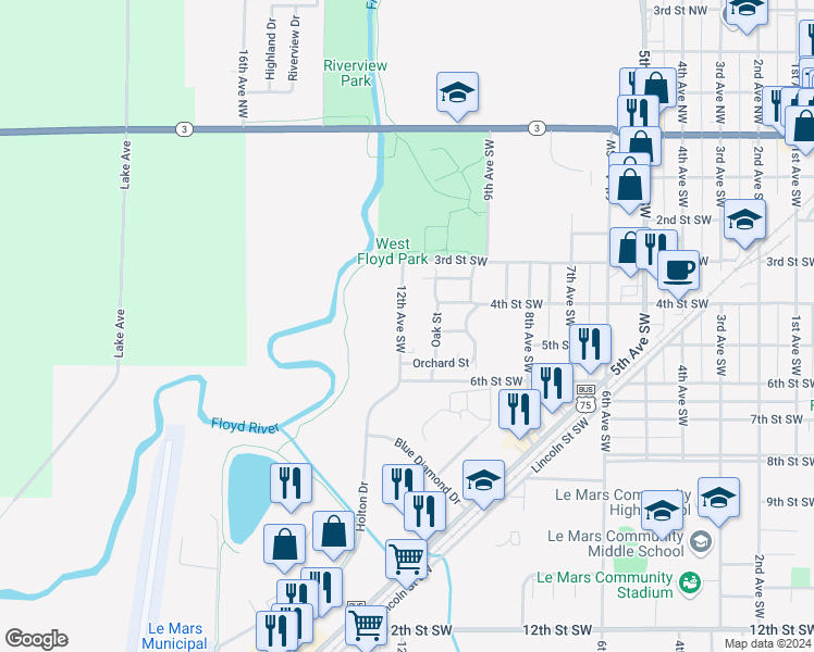 map of restaurants, bars, coffee shops, grocery stores, and more near 416 12th Avenue Southwest in Le Mars