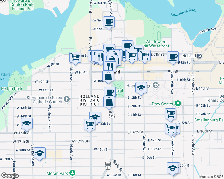 map of restaurants, bars, coffee shops, grocery stores, and more near in Holland