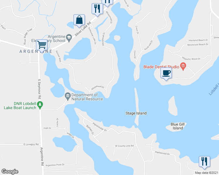 map of restaurants, bars, coffee shops, grocery stores, and more near 16349 Whitehead Drive in Linden