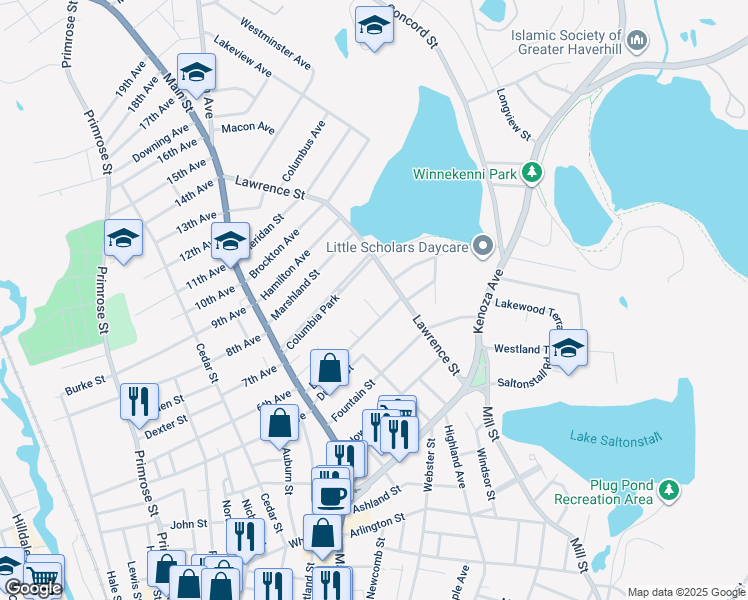 map of restaurants, bars, coffee shops, grocery stores, and more near 9 Ashford Street in Haverhill