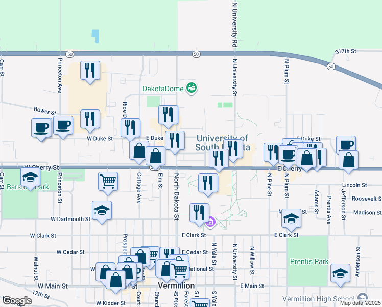 map of restaurants, bars, coffee shops, grocery stores, and more near 303 Spruce Street in Vermillion