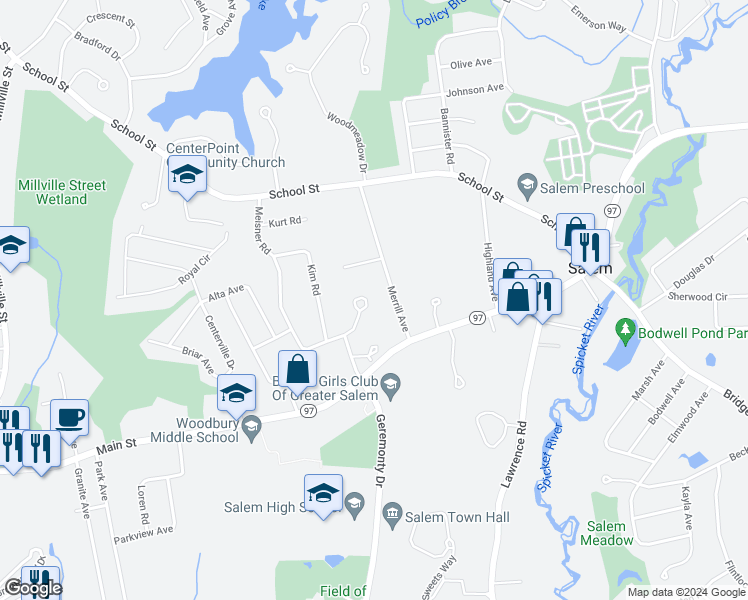 map of restaurants, bars, coffee shops, grocery stores, and more near 5 Meisner Circle in Salem