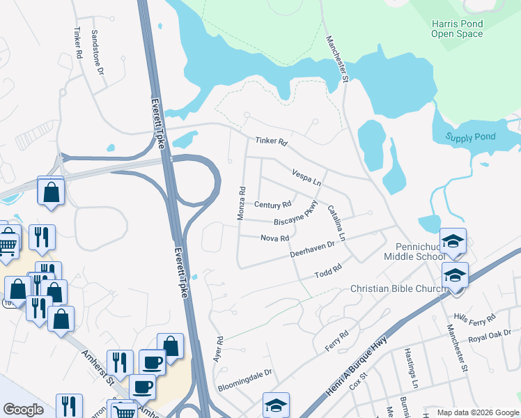 map of restaurants, bars, coffee shops, grocery stores, and more near 16 Century Road in Nashua