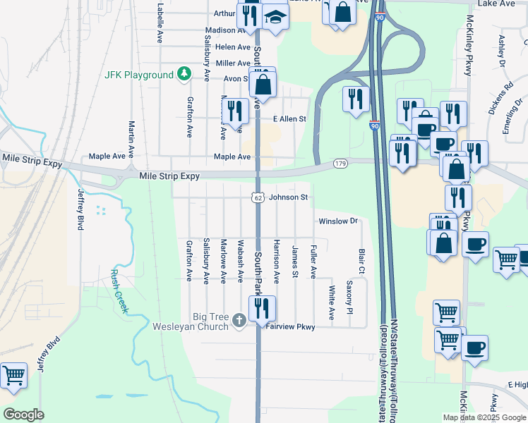 map of restaurants, bars, coffee shops, grocery stores, and more near 4032 South Park Avenue in Buffalo