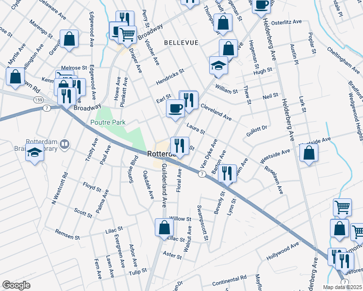 map of restaurants, bars, coffee shops, grocery stores, and more near 1020 Irene Street in Rotterdam