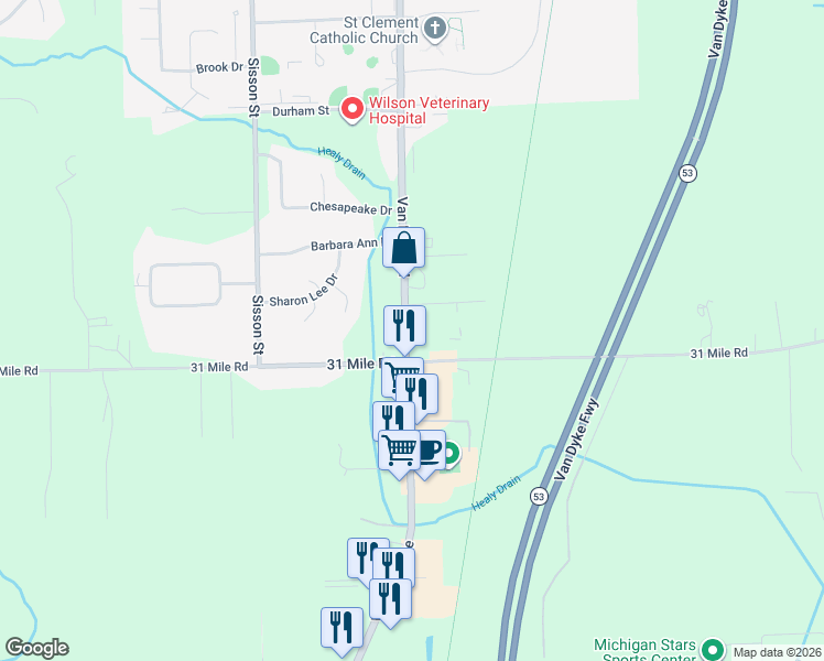 map of restaurants, bars, coffee shops, grocery stores, and more near 67140 Van Dyke Avenue in Washington