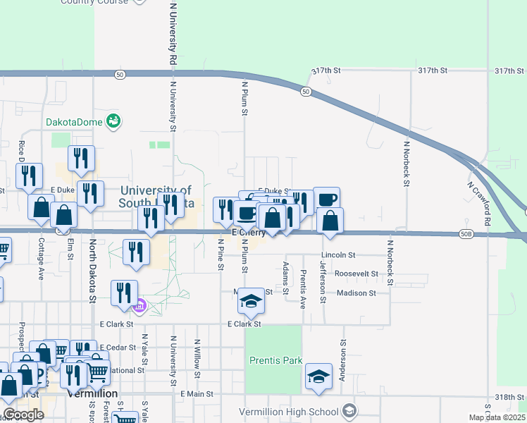 map of restaurants, bars, coffee shops, grocery stores, and more near 833 East Duke Street in Vermillion