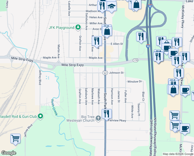 map of restaurants, bars, coffee shops, grocery stores, and more near 3582 Wabash Avenue in Blasdell