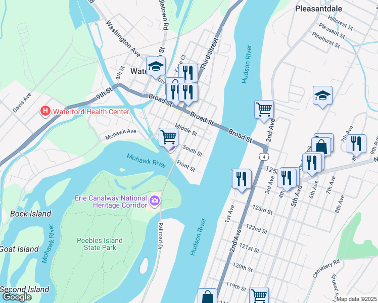 map of restaurants, bars, coffee shops, grocery stores, and more near 9 Second Street in Waterford