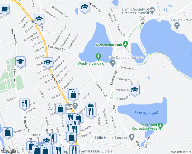 map of restaurants, bars, coffee shops, grocery stores, and more near 3 Edwards Street in Haverhill