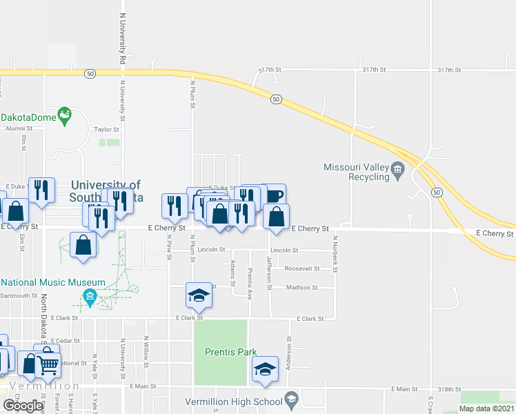 map of restaurants, bars, coffee shops, grocery stores, and more near 800 Jefferson Street in Vermillion