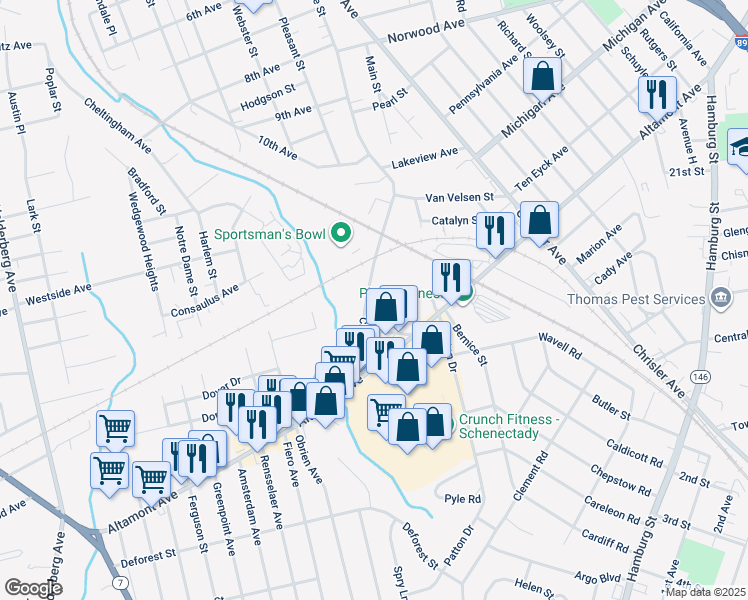 map of restaurants, bars, coffee shops, grocery stores, and more near 1707 Crane Street in Schenectady