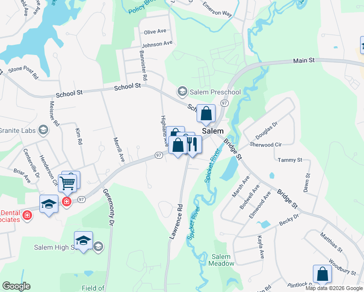 map of restaurants, bars, coffee shops, grocery stores, and more near 283 Main Street in Salem