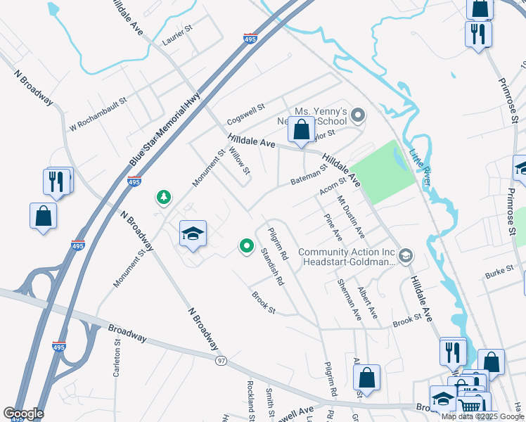 map of restaurants, bars, coffee shops, grocery stores, and more near 179 Pilgrim Road in Haverhill
