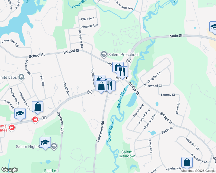 map of restaurants, bars, coffee shops, grocery stores, and more near 283 Main Street in Salem