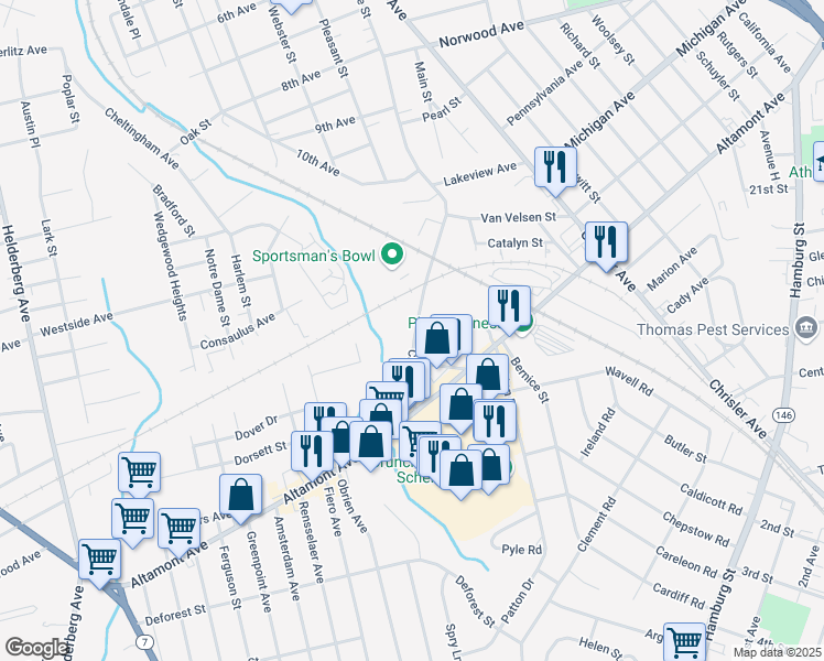 map of restaurants, bars, coffee shops, grocery stores, and more near 1707 Crane Street in Schenectady