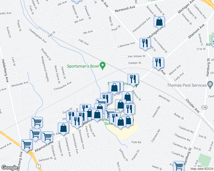 map of restaurants, bars, coffee shops, grocery stores, and more near 1714 Crane Street in Schenectady