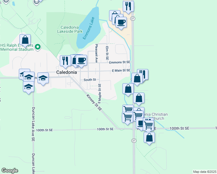 map of restaurants, bars, coffee shops, grocery stores, and more near 161 South Maple Street Southeast in Caledonia