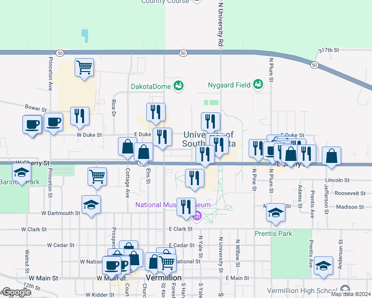 map of restaurants, bars, coffee shops, grocery stores, and more near 303 Spruce St in Vermillion
