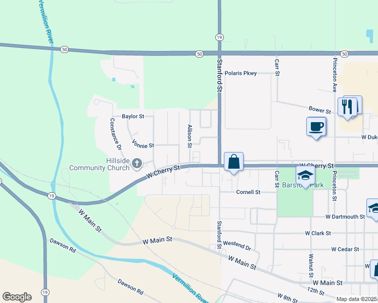 map of restaurants, bars, coffee shops, grocery stores, and more near 701-899 Allison St in Vermillion