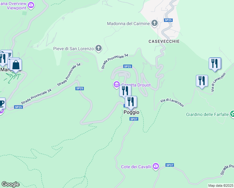 map of restaurants, bars, coffee shops, grocery stores, and more near 17 Via della Fontanella in Poggio