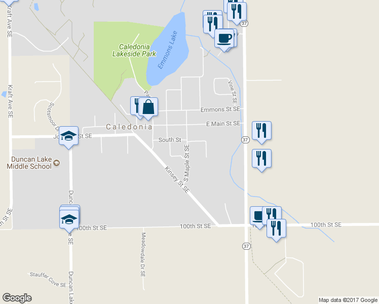 map of restaurants, bars, coffee shops, grocery stores, and more near 221 South Maple Street Southeast in Caledonia