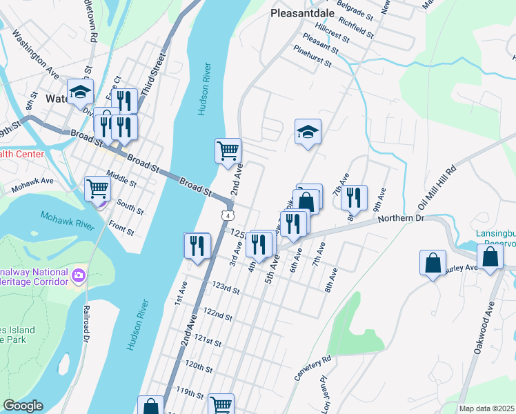 map of restaurants, bars, coffee shops, grocery stores, and more near 922 3rd Avenue in Troy
