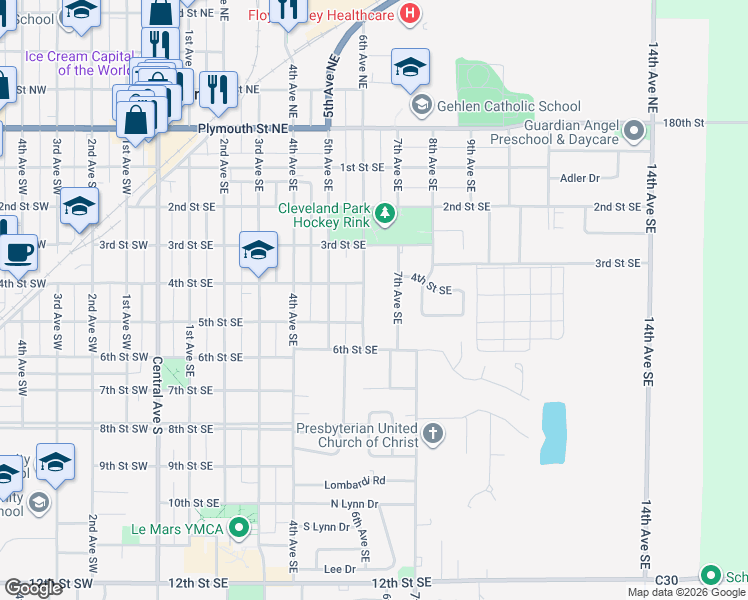 map of restaurants, bars, coffee shops, grocery stores, and more near 400-498 6th Ave SE in Le Mars