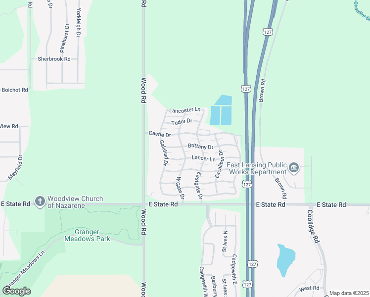 map of restaurants, bars, coffee shops, grocery stores, and more near 200 Brittany Drive in Lansing