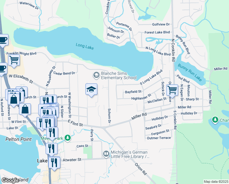 map of restaurants, bars, coffee shops, grocery stores, and more near 255 Clairemont Drive in Lake Orion