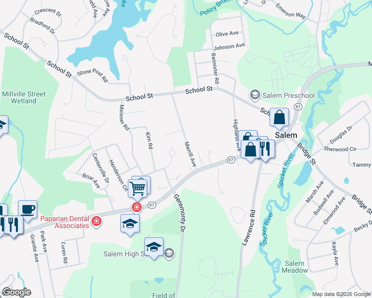 map of restaurants, bars, coffee shops, grocery stores, and more near 11 Merrill Avenue in Salem