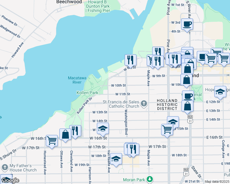 map of restaurants, bars, coffee shops, grocery stores, and more near 265 West 11th Street in Holland