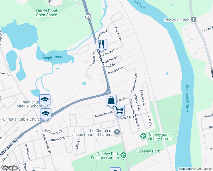 map of restaurants, bars, coffee shops, grocery stores, and more near 152 Concord Street in Nashua
