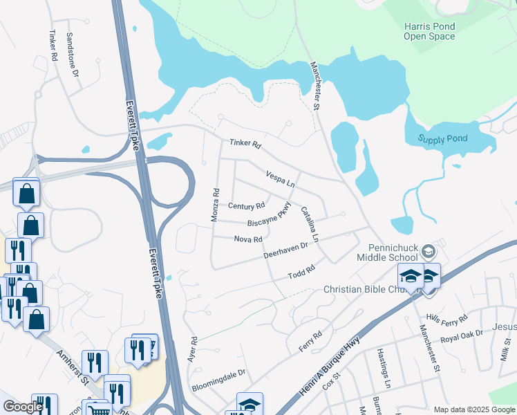 map of restaurants, bars, coffee shops, grocery stores, and more near 8 Century Road in Nashua