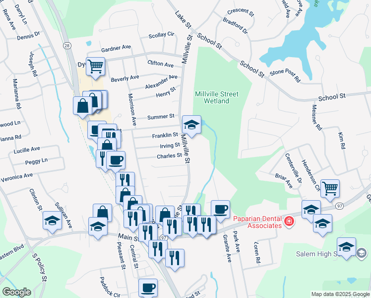 map of restaurants, bars, coffee shops, grocery stores, and more near 49 Millville Street in Salem