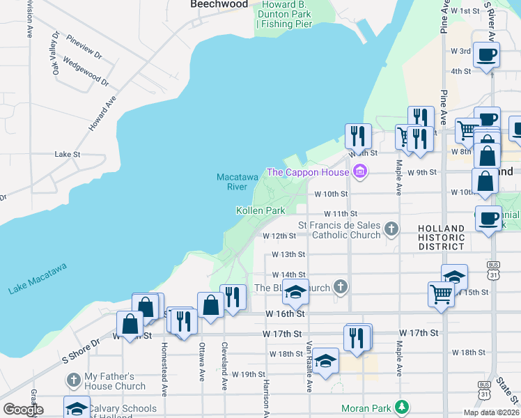 map of restaurants, bars, coffee shops, grocery stores, and more near 240 Kollen Park Drive in Holland