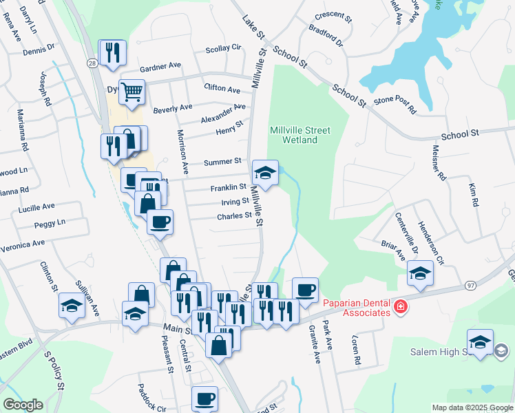 map of restaurants, bars, coffee shops, grocery stores, and more near 49 Millville Street in Salem