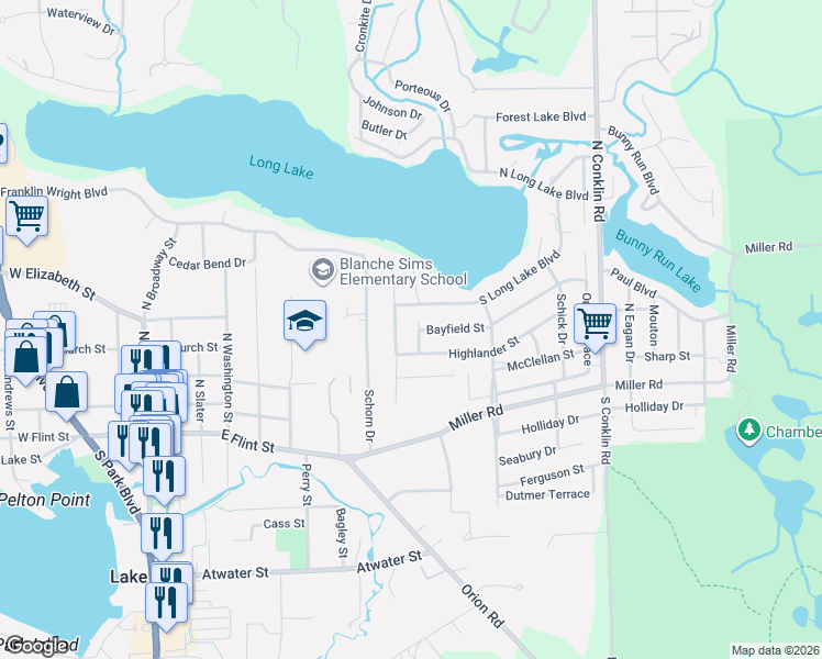 map of restaurants, bars, coffee shops, grocery stores, and more near 740 Bayfield Street in Orion charter Township