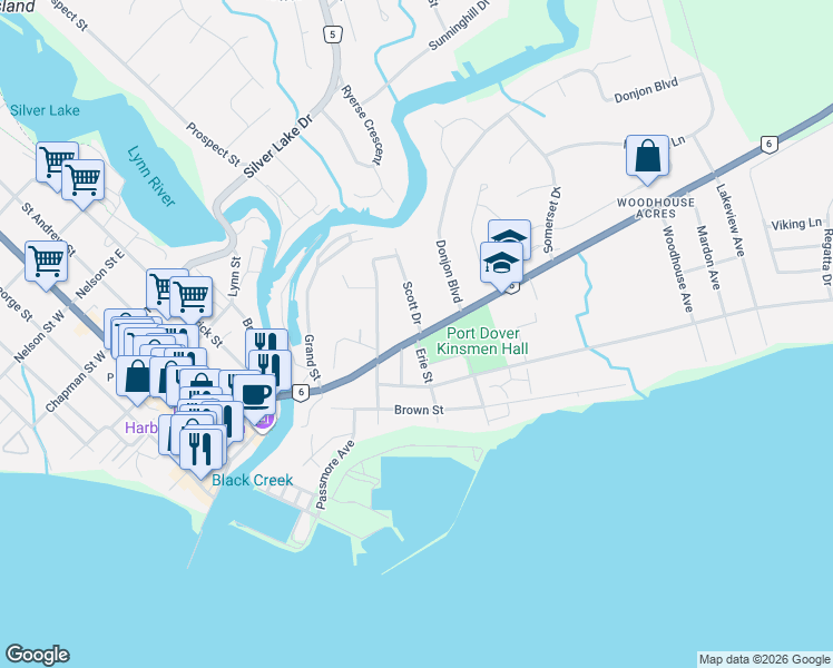 map of restaurants, bars, coffee shops, grocery stores, and more near 67 Ontario 6 in Port Dover