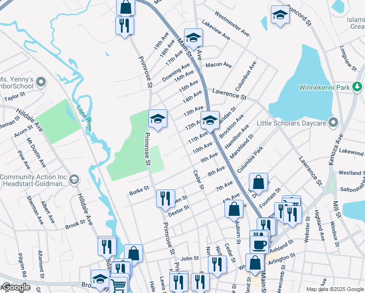 map of restaurants, bars, coffee shops, grocery stores, and more near 34 11th Avenue in Haverhill