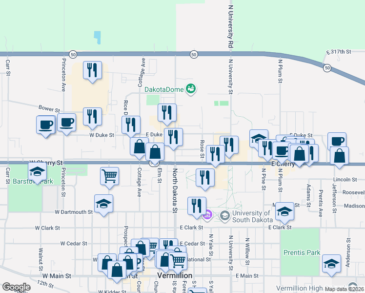 map of restaurants, bars, coffee shops, grocery stores, and more near 215 Spruce Street in Vermillion