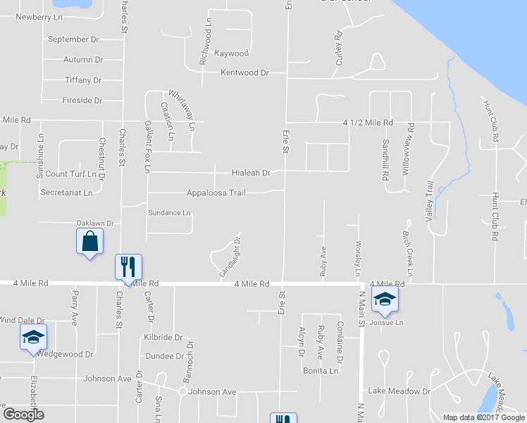 map of restaurants, bars, coffee shops, grocery stores, and more near 5218 Erie Street in Racine